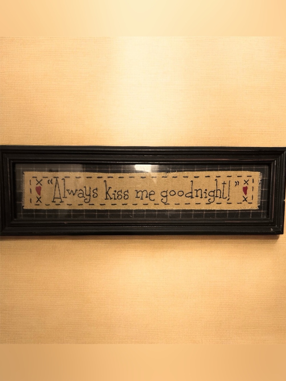Framed "Always kiss me goodnight" Wall Sign in Black Frame with Beige Linen